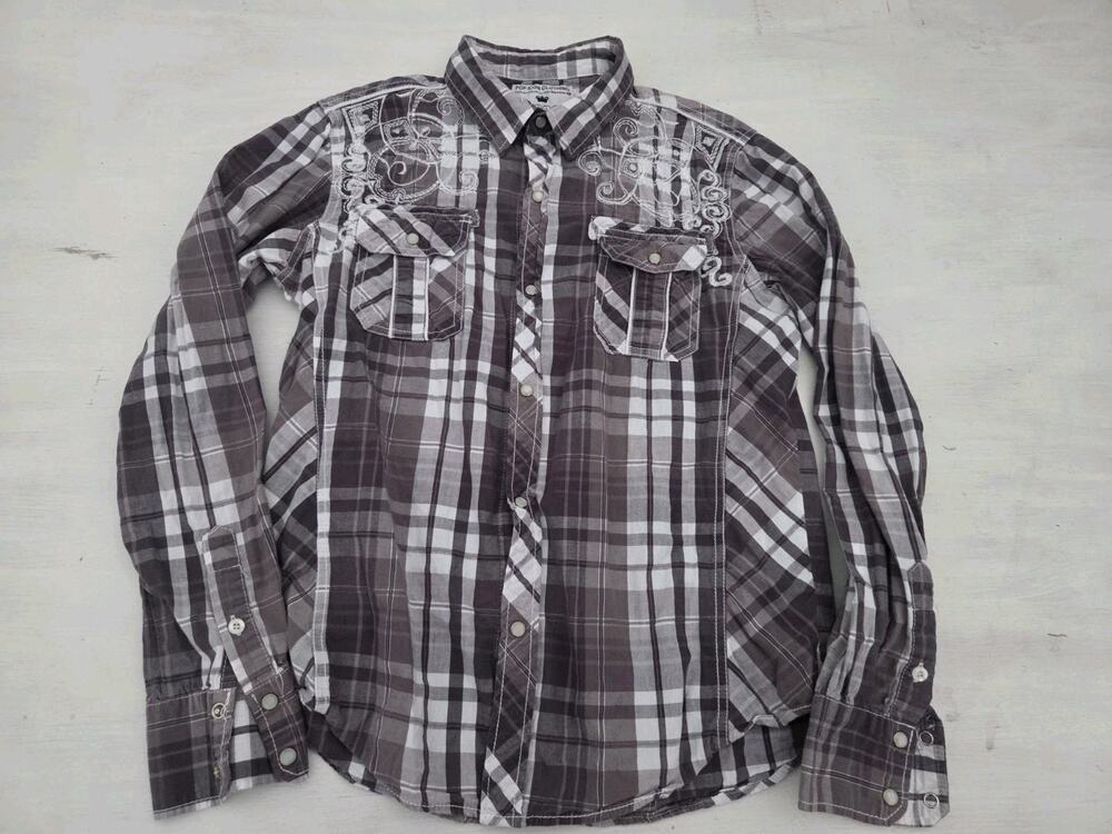 Pop Icon Western Shirt Gray White Pearl Snaps Embroidery Mens Size L Long Sleeve